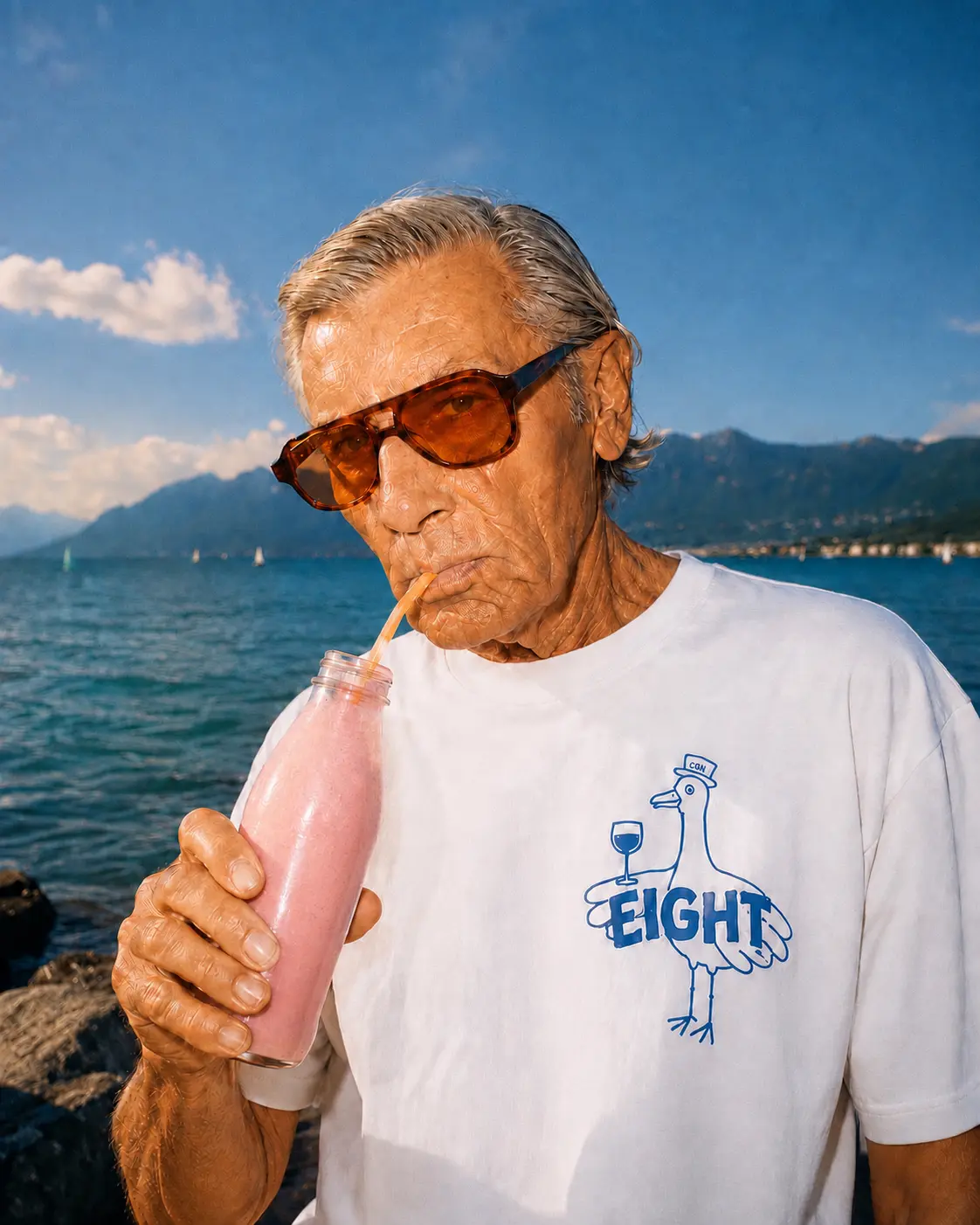 T-shirt EIGHT porté au bord du lac Léman